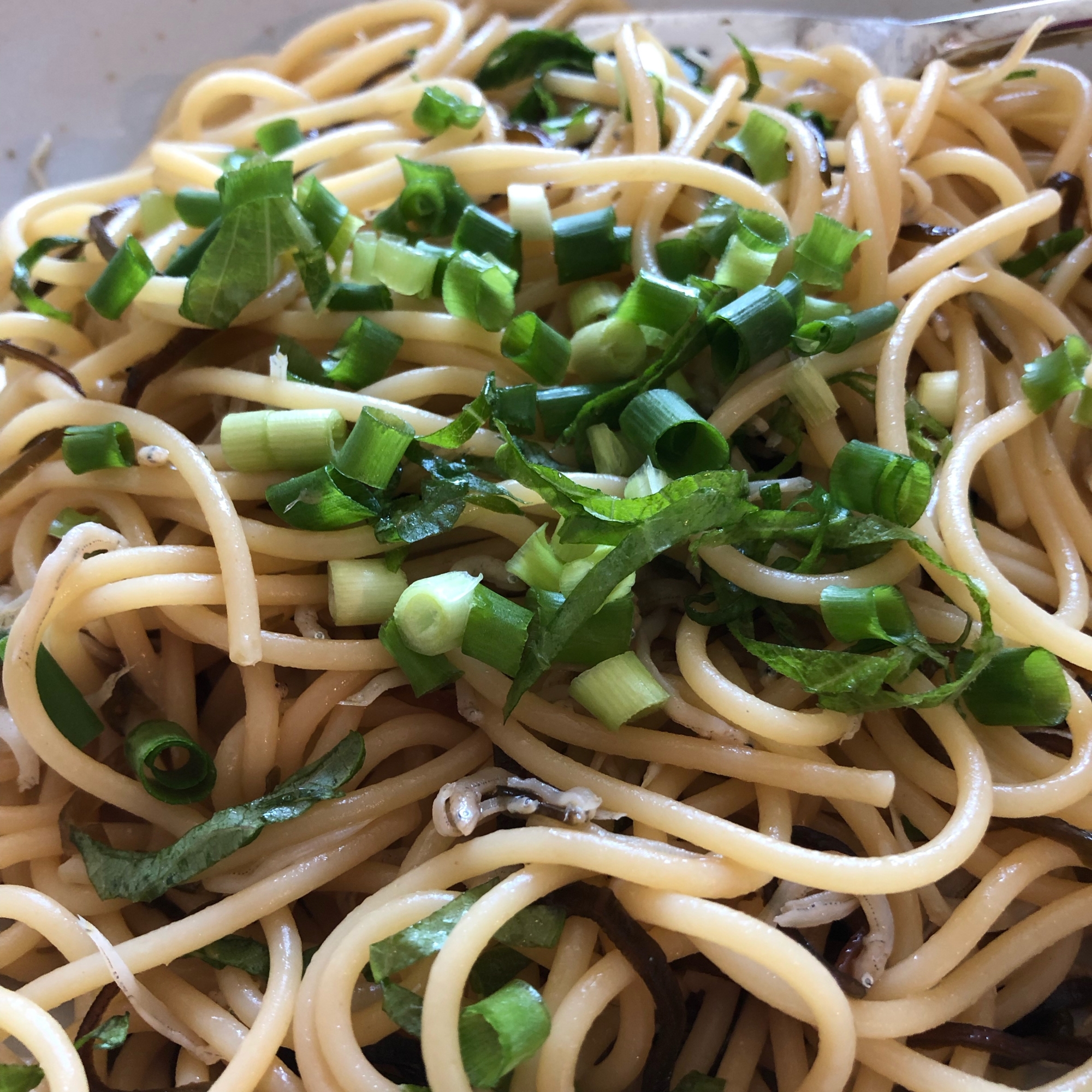 しらすと塩昆布と大葉と万能ネギのパスタ