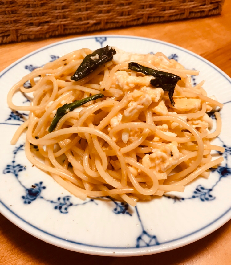 春菊のピリ辛豆乳卵チーズパスタ