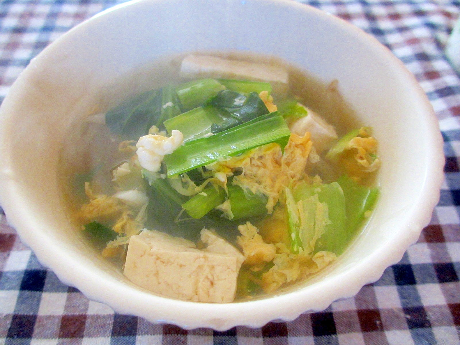 小松菜、もやし、卵の和風スープ