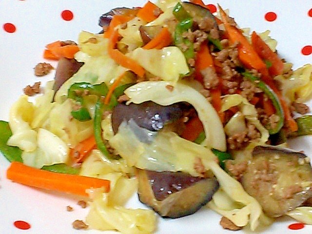 茄子 ピーマン キャベツ ひき肉 人参あっさり炒め レシピ 作り方 By かっぺ4217 楽天レシピ