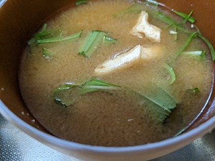 水菜と油揚げの液体みそ味噌汁