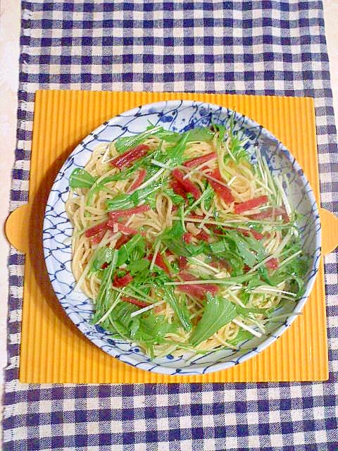 サラミと水菜のパスタ♪