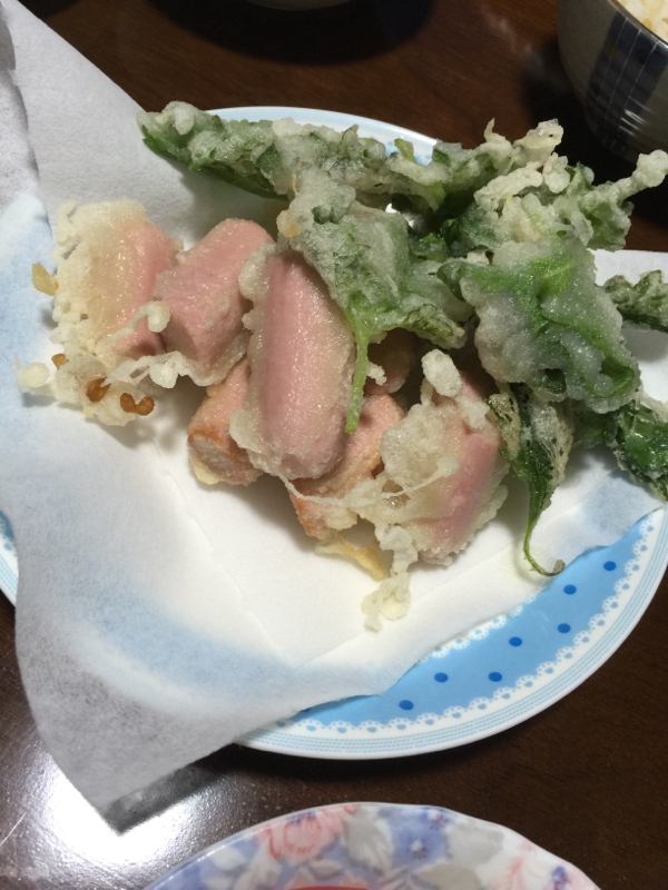 魚肉ソーセージと大葉の天ぷら♡