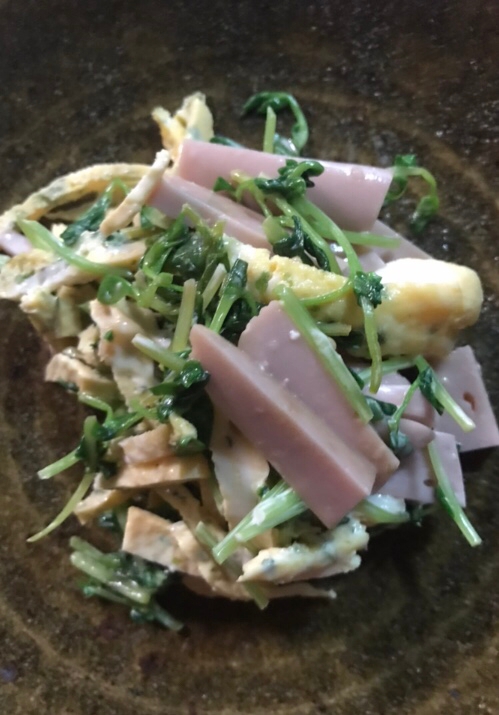 魚ニソと豆苗、錦糸卵のマヨサラダ