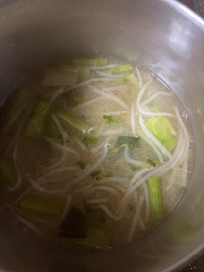 えのき小松菜もやし絹さや味噌汁