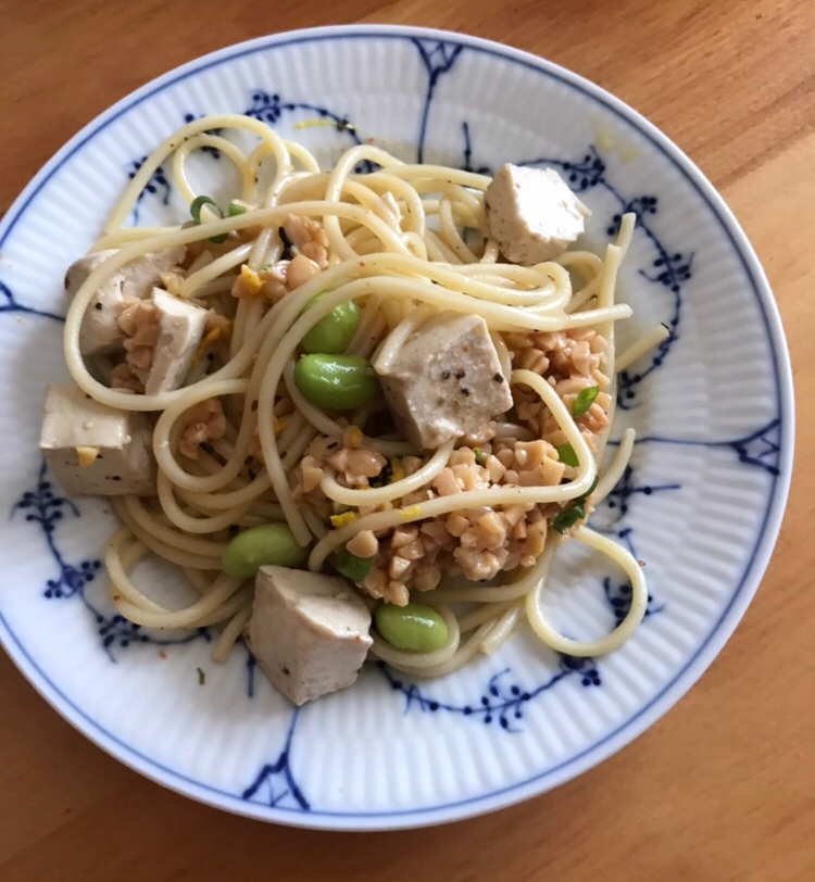 豆腐と枝豆、ひきわり納豆パスタ