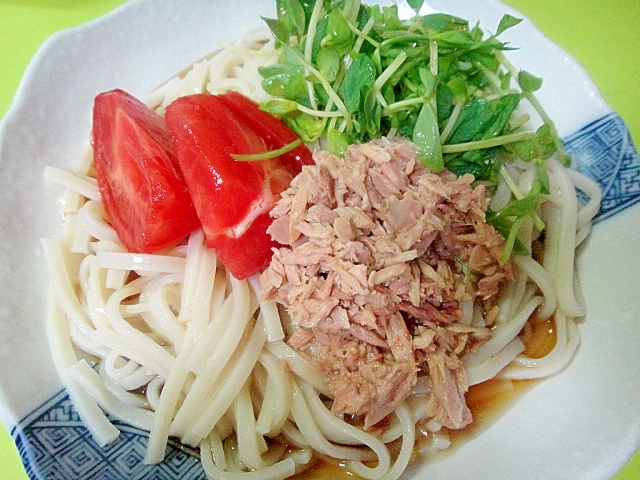 ツナと豆苗トマトの冷やしうどん