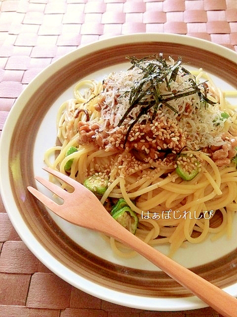 じゃことオクラのスパゲティー♪和風カルボナーラ風