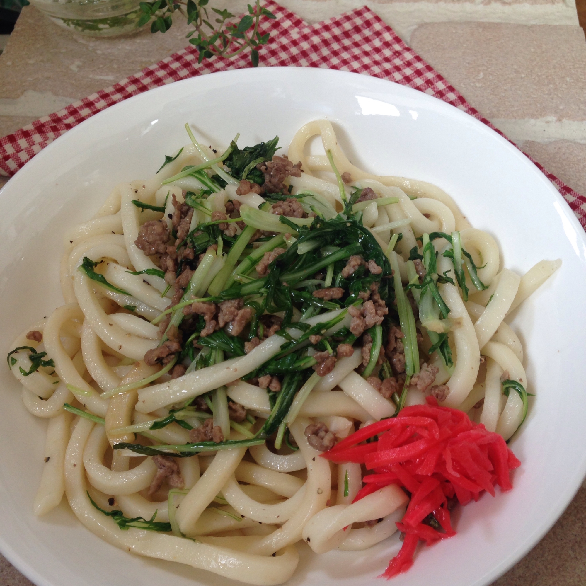 水菜とひき肉の焼うどん♪