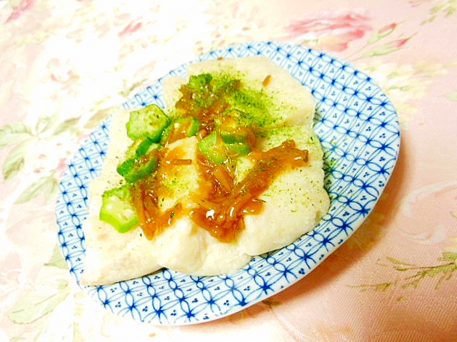 オオバコ入りおから餅ｄｅ❤なめ茸とオクラ青海苔生姜