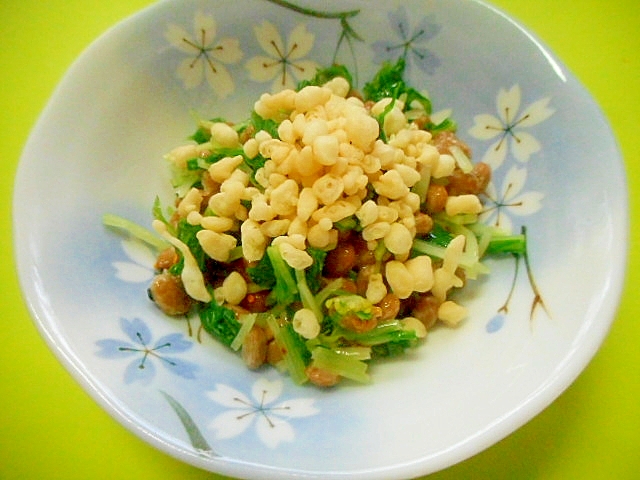 水菜と揚げ玉のピリ辛納豆