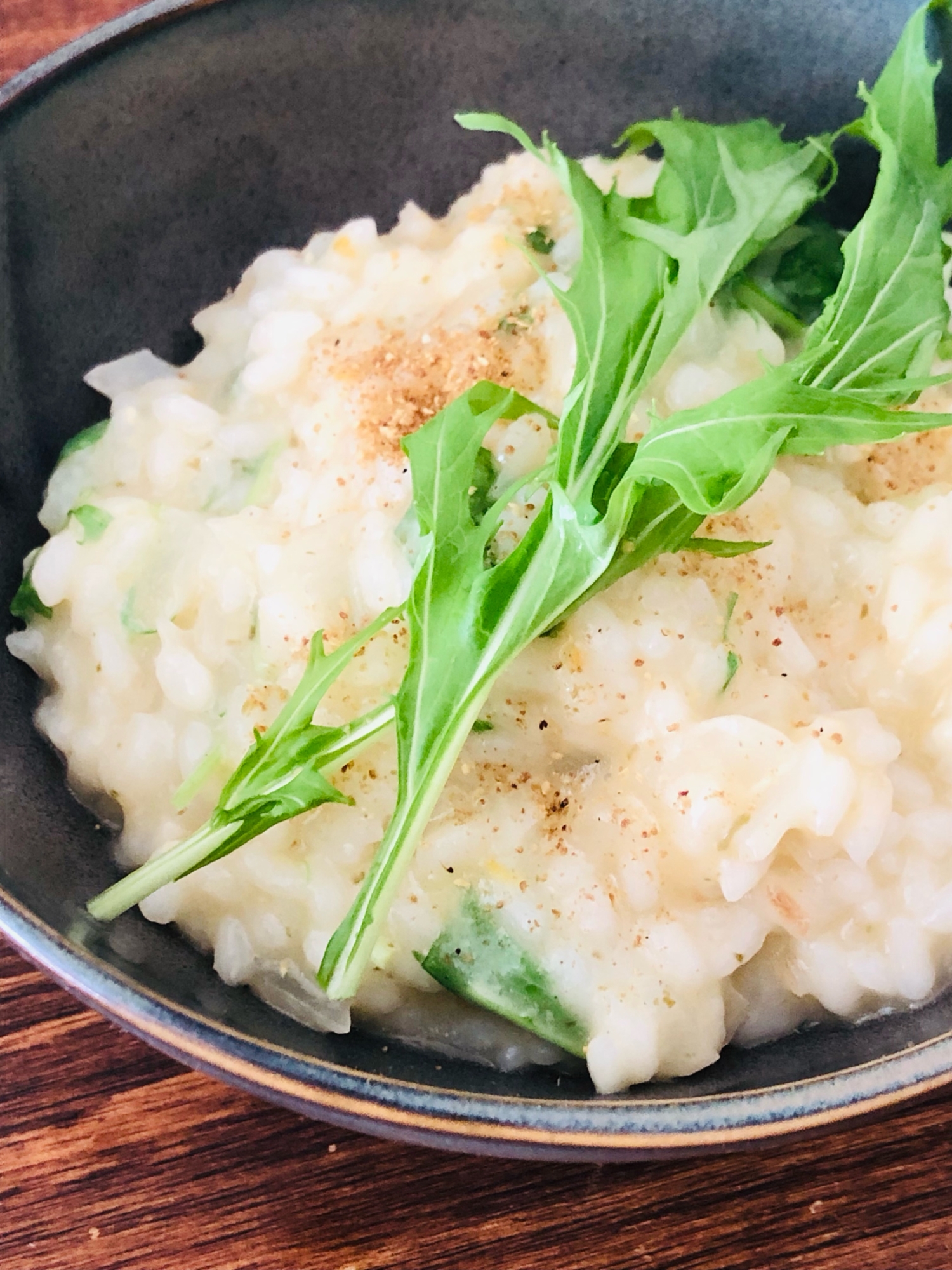 簡単・粉山椒と水菜のチーズリゾット