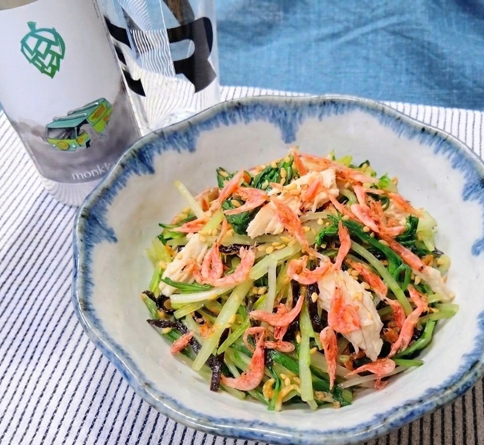 重厚な旨み！ささみと桜海老＆塩昆布でヤミツキ水菜