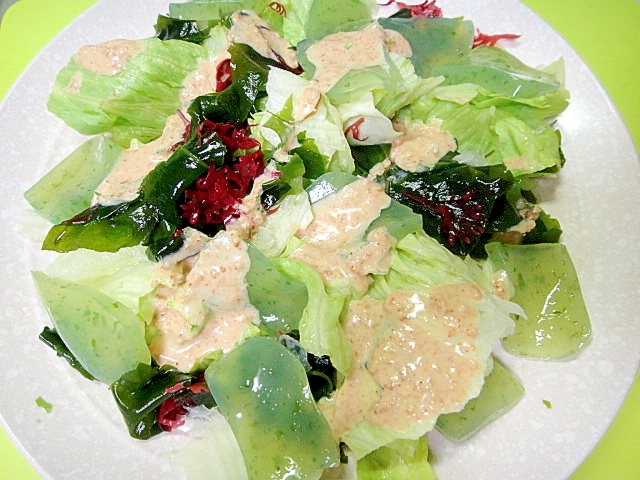 さしみ蒟蒻と海藻レタスのごまサラダ