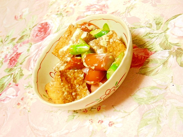 ❤厚揚げとウィンナーとアスパラのめんつゆマヨ炒め❤
