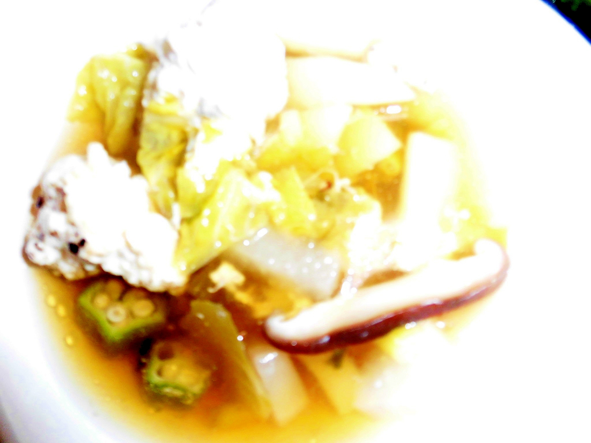 鶏団子と白菜とオクラとじゃが芋スチーム大根椎茸鍋