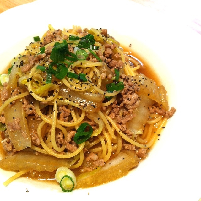 挽肉と白菜の和風スープパスタ