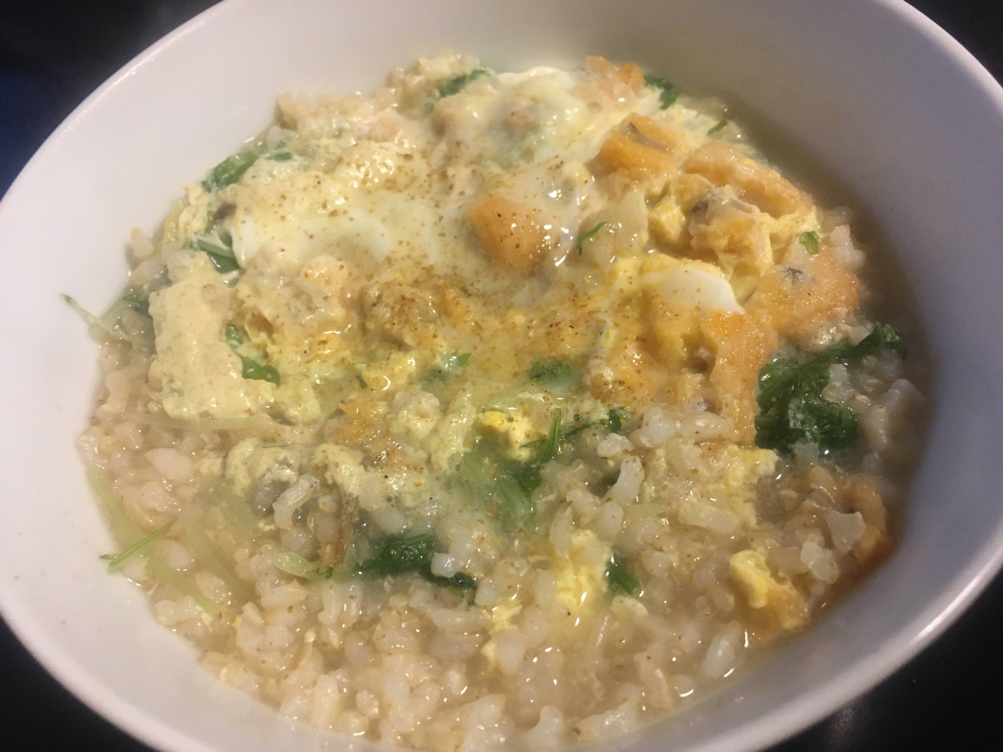 アジフライと水菜、山椒の卵玄米雑炊