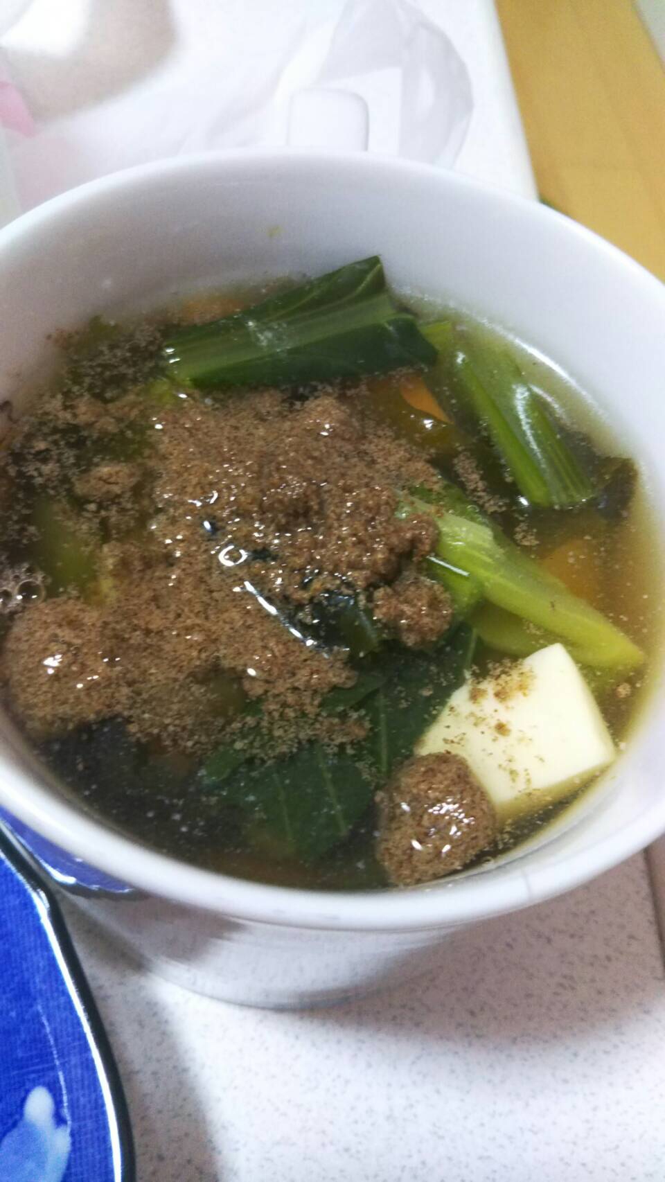 小松菜のスープ!エゴマ乗せ