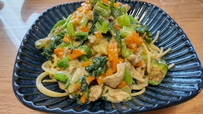 小松菜とチキンのクリームパスタ