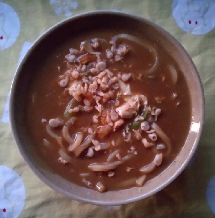 こんばんわ！お昼はたぬき蕎麦、夜のごはんはカレー南蛮うどんを！ピリ辛でとってもおいしかったです♪ごちそうさまでした(*^_^*)