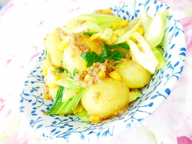 ほわりカレー❤チビ馬鈴薯と青梗菜の挽肉炒め❤