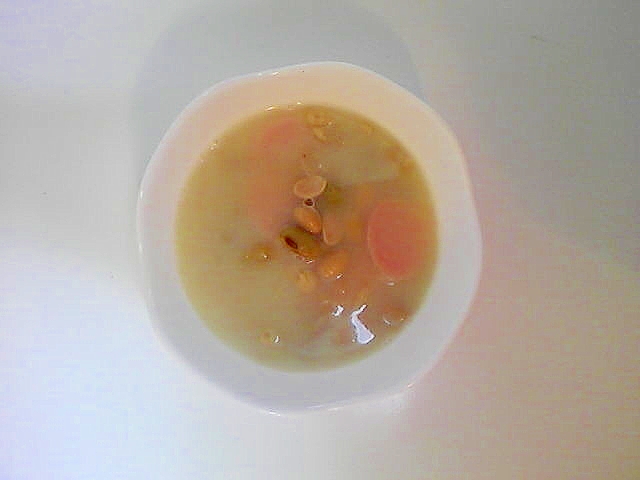 ミックスビーンズと魚ニソの豆乳スープ