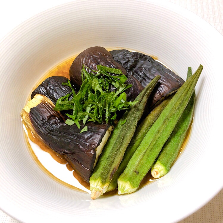 素焼きナスとオクラの煮浸し♪海苔だれで