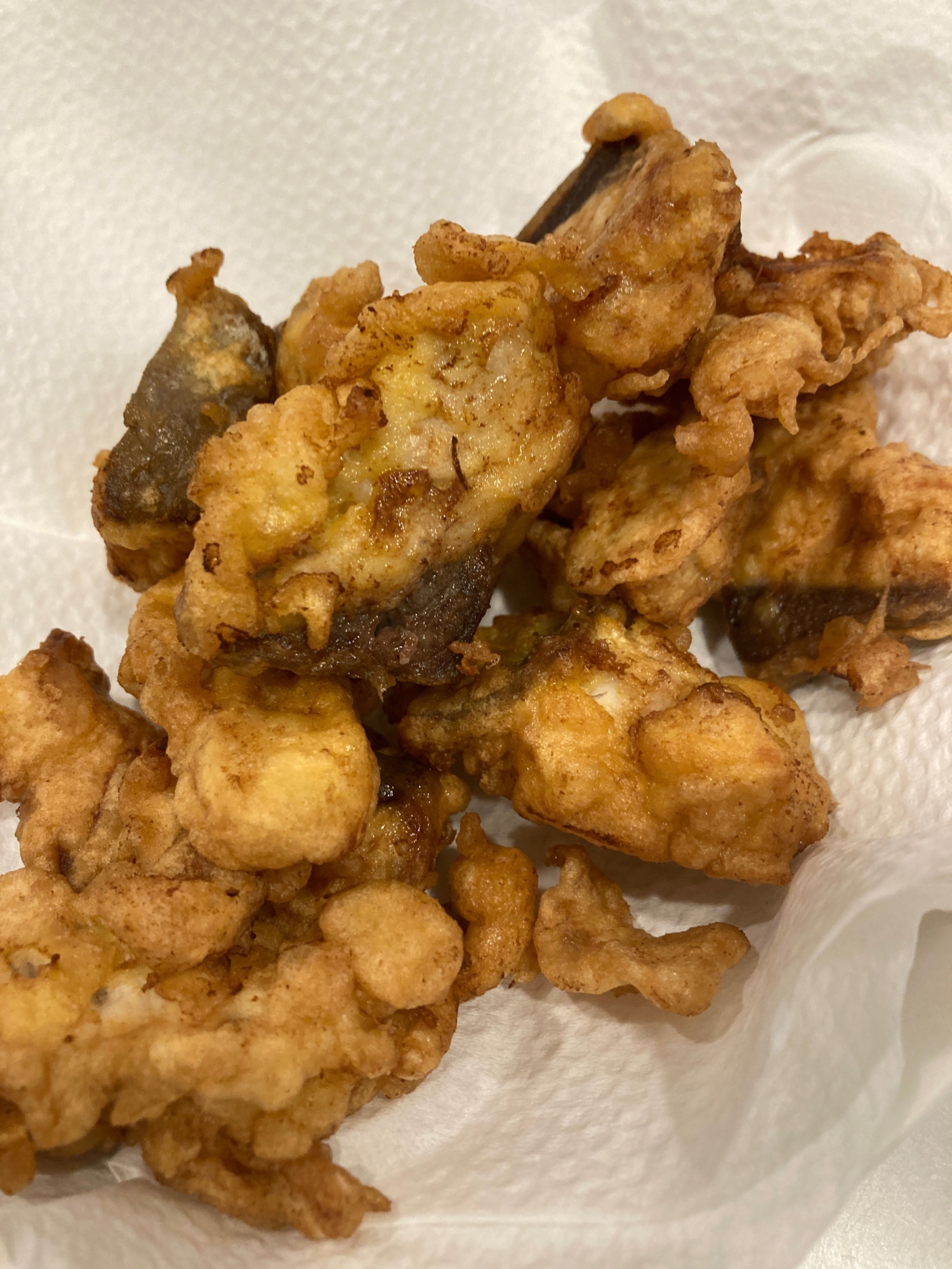 キッチンペーパーの上に盛りつけられたヒラマサのサクサク天ぷら