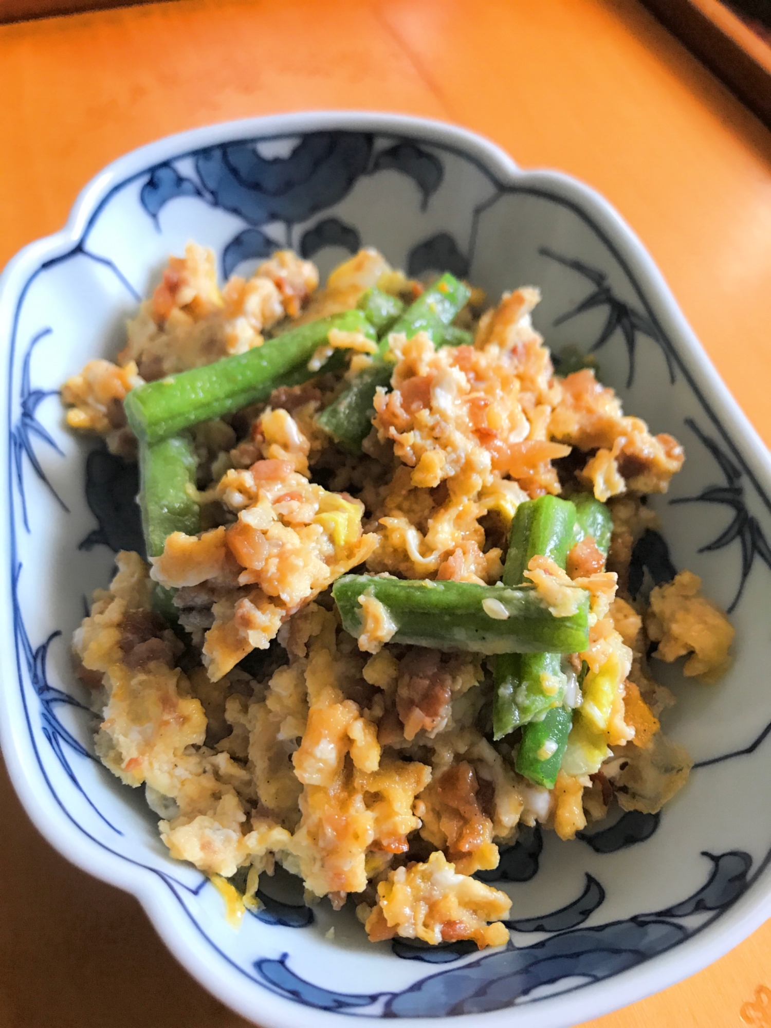 インゲンと鶏そぼろの卵炒め