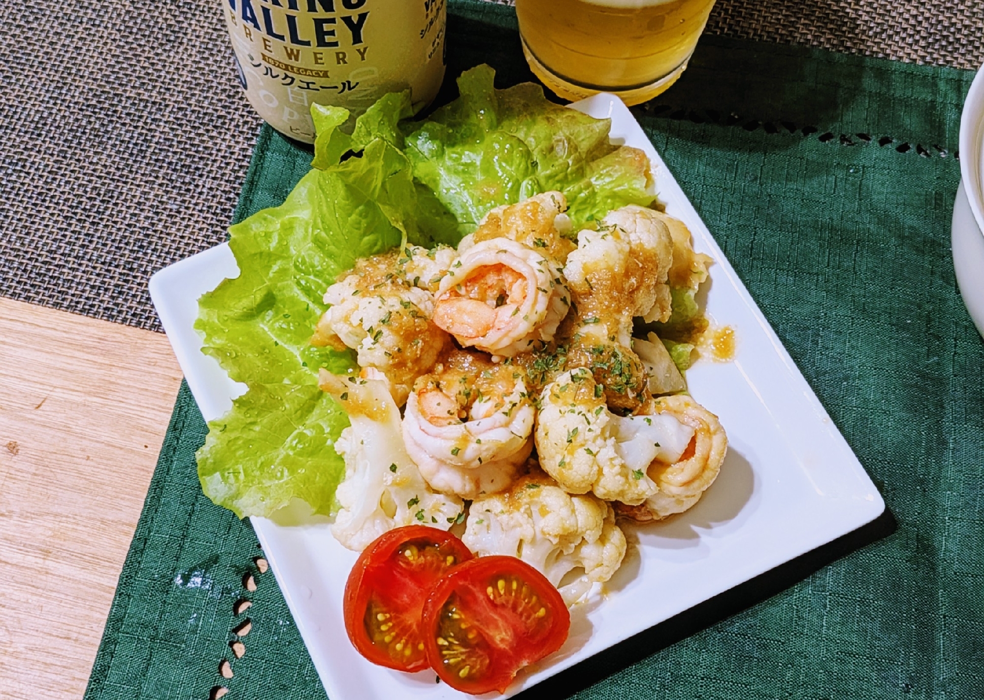 【主菜】カリフラワーと海老のオニオンソース炒め