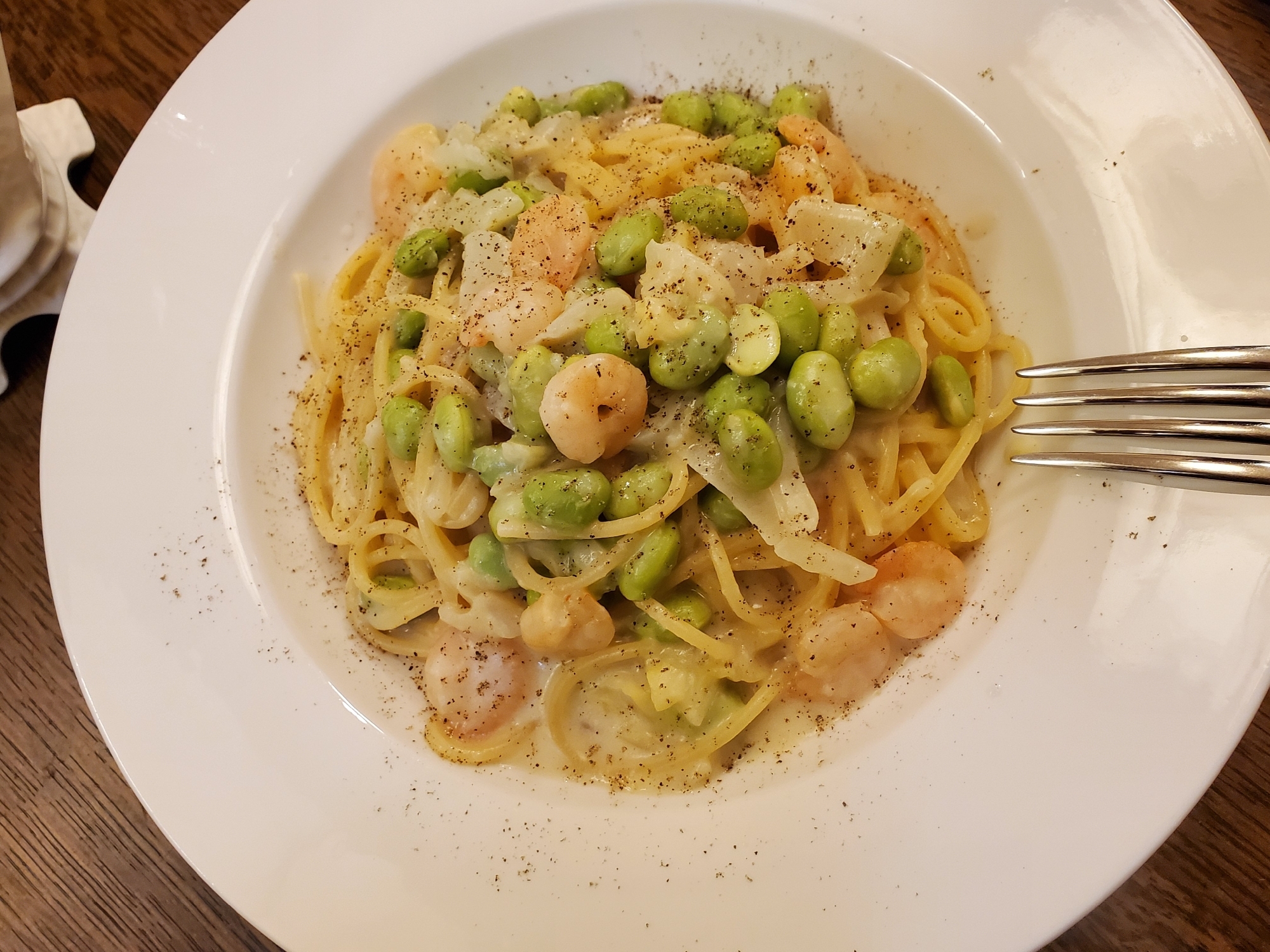 海老と枝豆のクリームパスタ