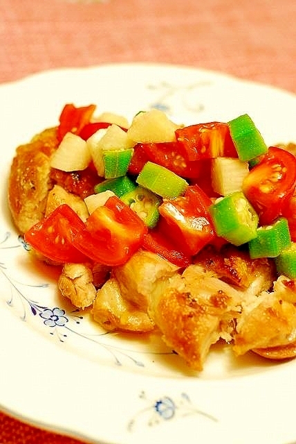 グリルチキンの夏野菜ポン酢添え