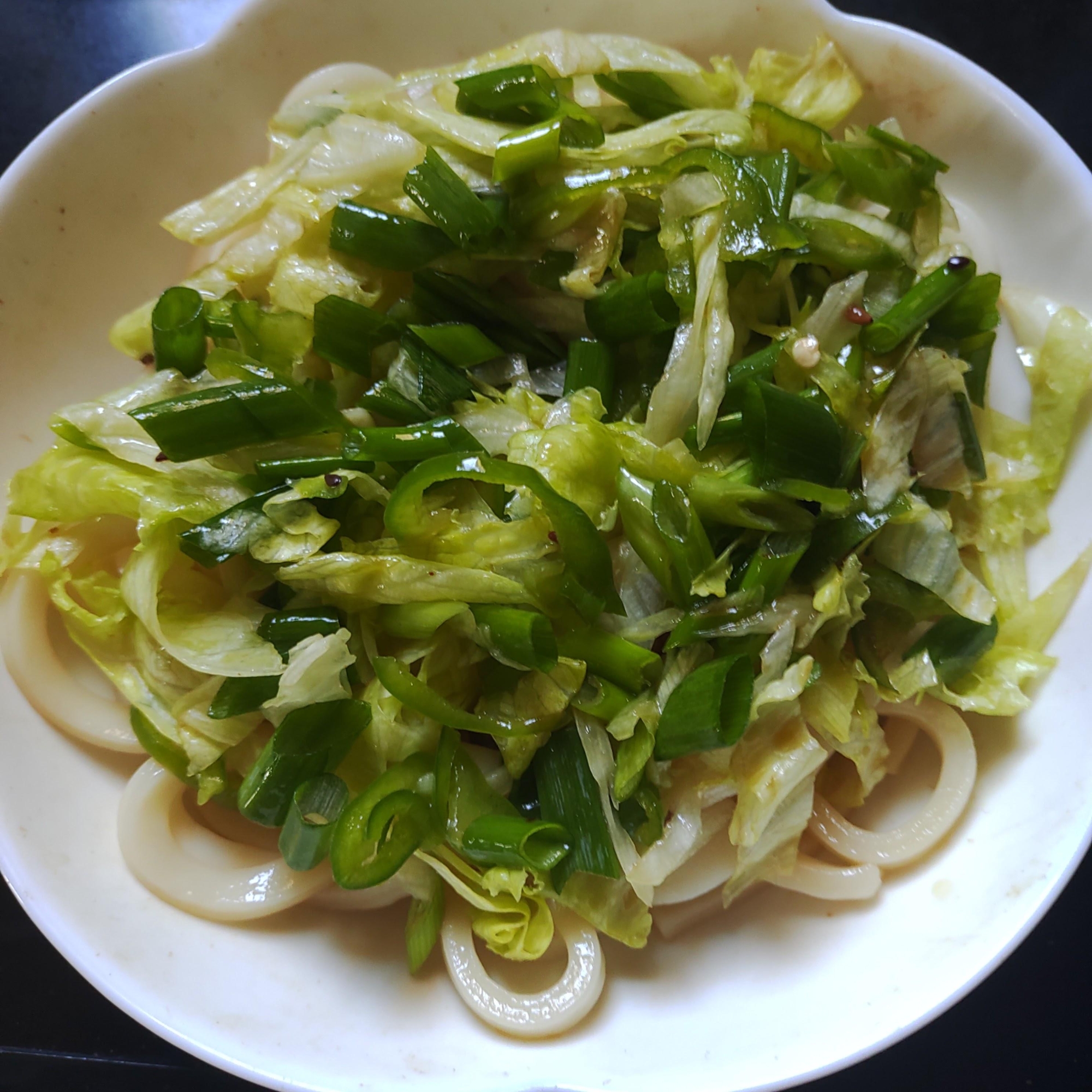 ピーマン、レタス、小ねぎのサラダうどん