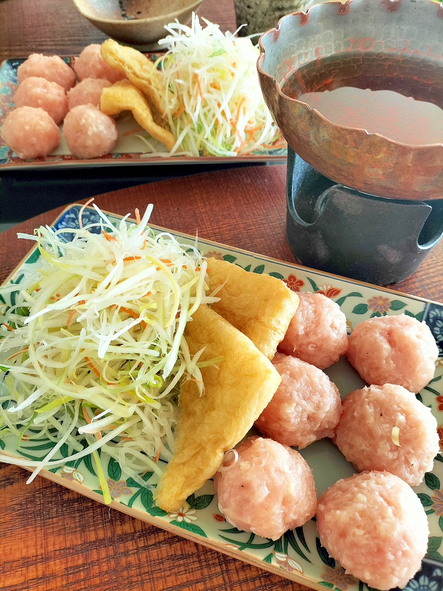 白髪ねぎとお揚げの鶏団子しゃぶしゃぶ風♩