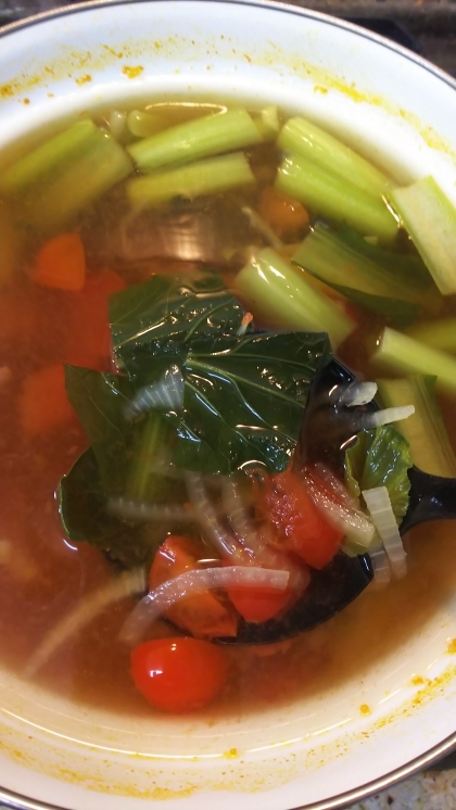 小松菜と玉ねぎとトマトのスープ