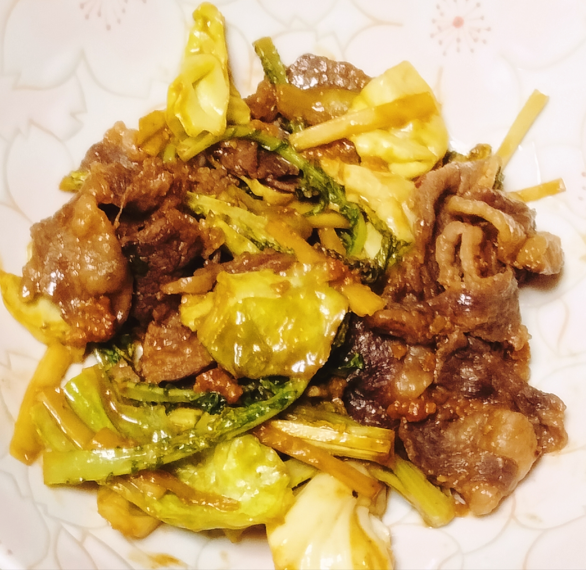 味付牛肉・大根皮・葉・キャベツの味噌と焼肉タレ炒め