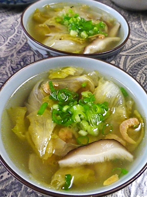 簡単、レタス椎茸干し海老スープ