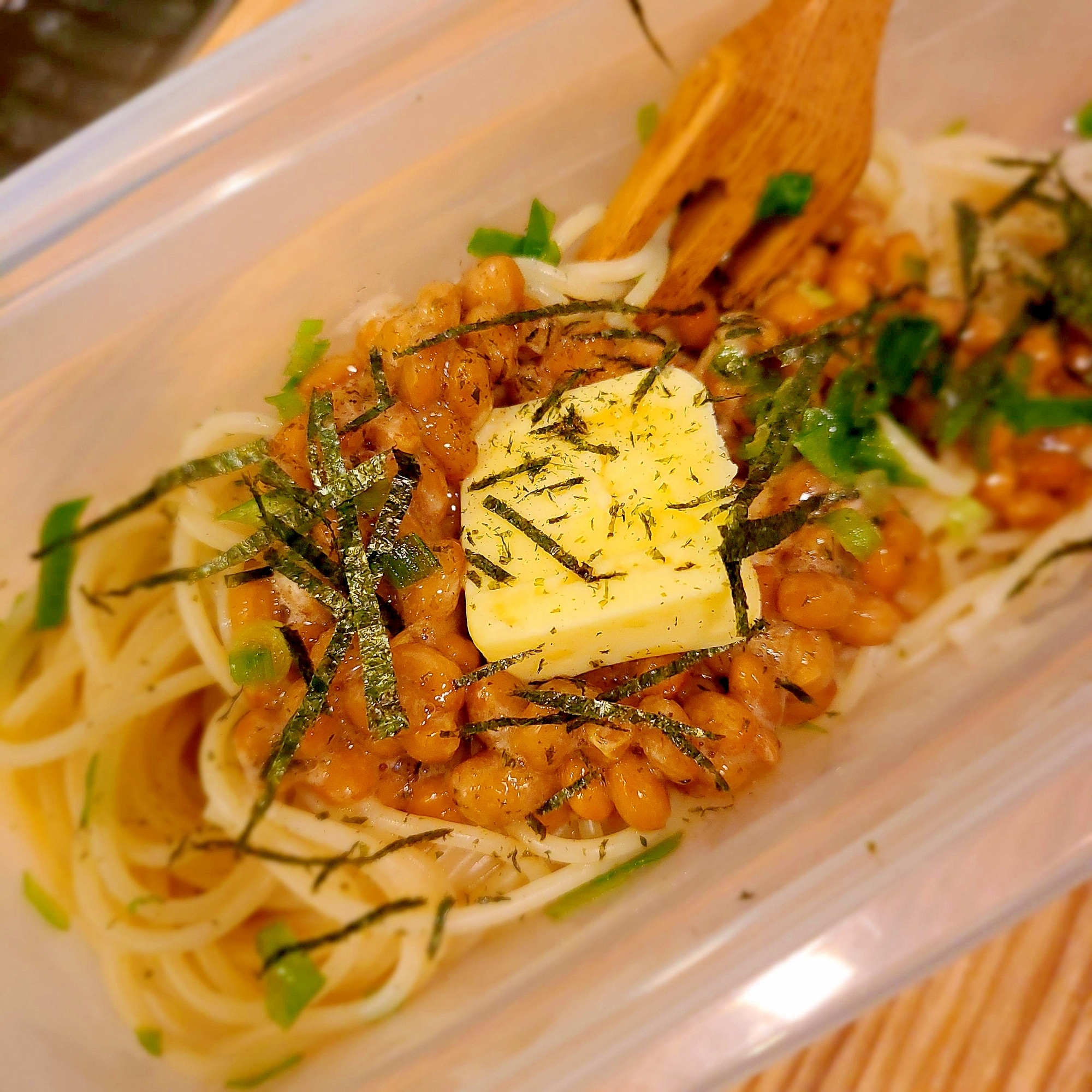 レンジだけで簡単!納豆バターパスタ