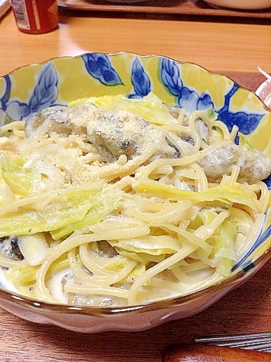 牡蠣とキャベツの牛乳で作るクリームパスタ