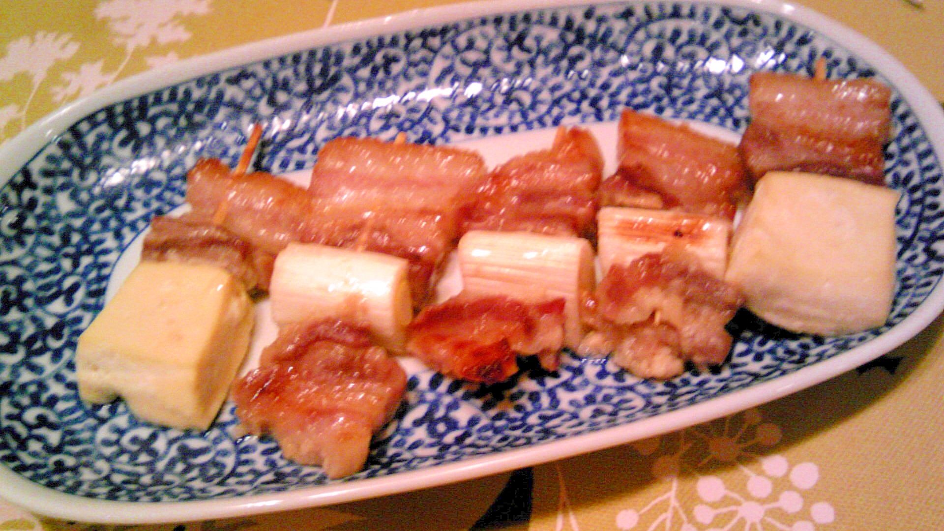 塩麹豚バラ・葱・豆腐の串焼き