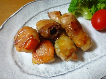 夏野菜の串焼きです☆麺つゆバター味で後引く旨さに♪