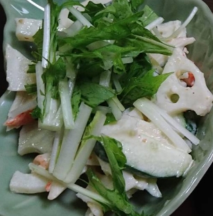 シャキシャキ！簡単デリ風　蓮根と水菜のツナサラダ
