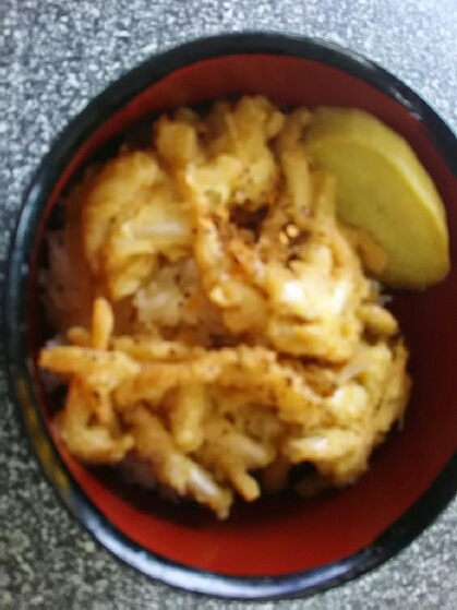 海老と玉ねぎと刻みネギのかき揚げ丼♡