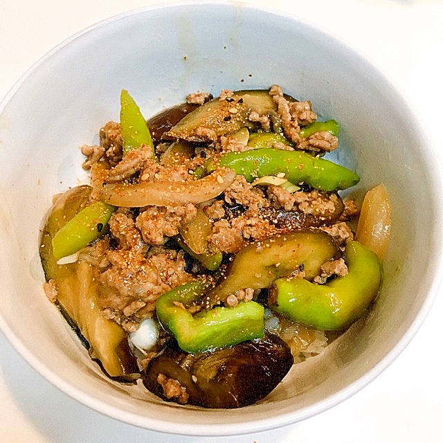 茄子と甘とうがらしとひき肉の☆ガッツリ中華丼