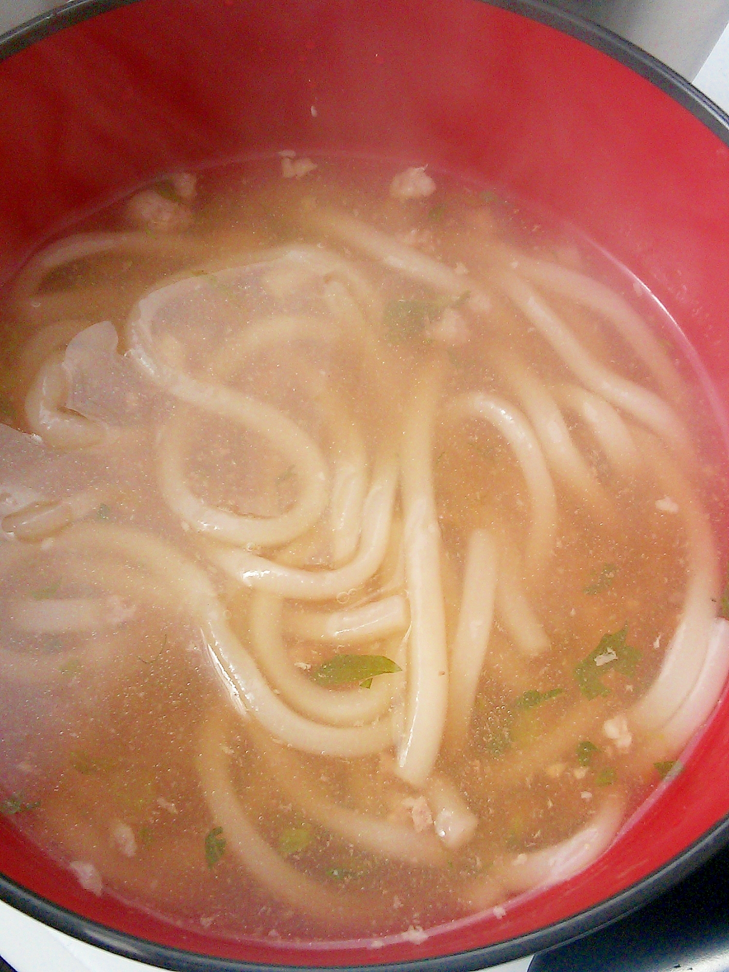 簡単♪豚挽き肉とかぶの葉のとろみうどん