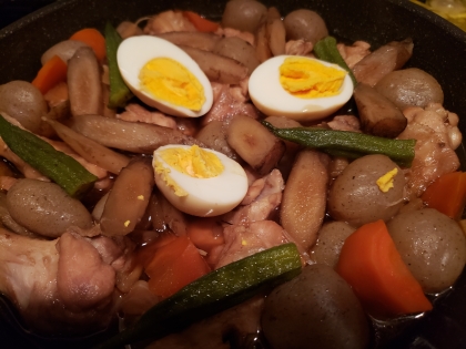 鶏手羽先とごぼう蒟蒻の煮物
