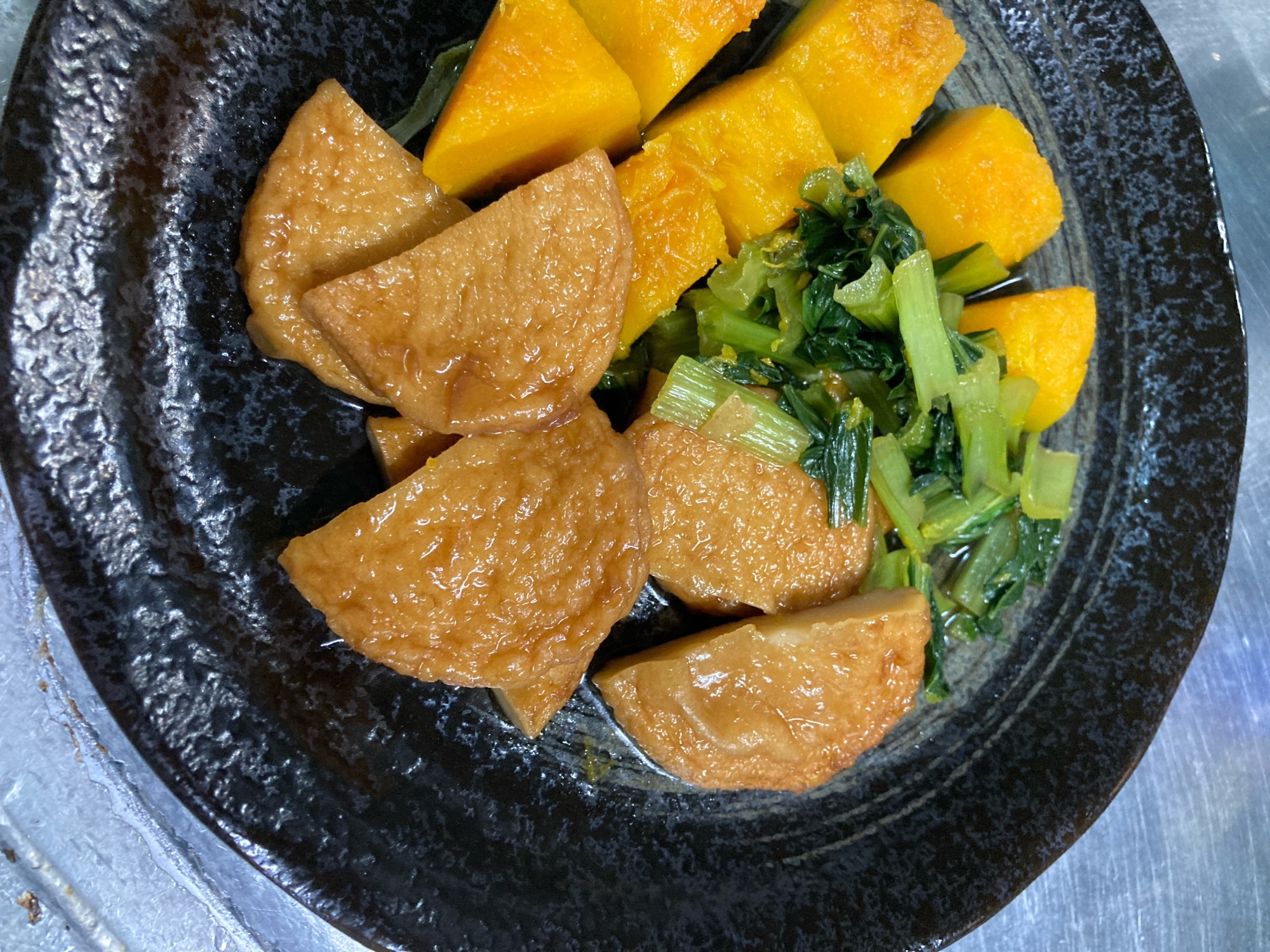 さつま揚げ、かぼちゃ、小松菜の煮物