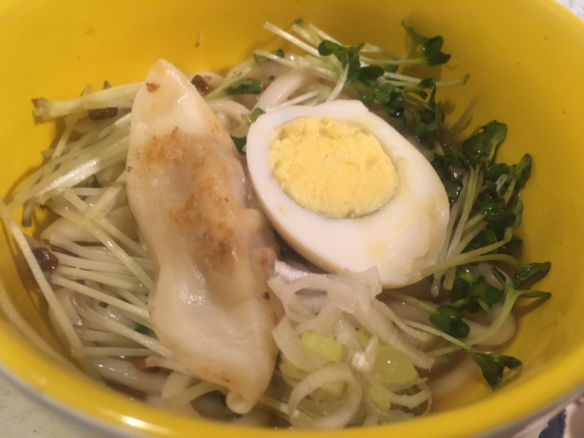 ゆで卵、焼ぎょうざ、かいわれ、ねぎのかけうどん