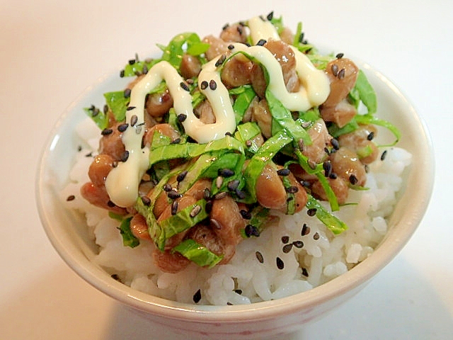 小松菜入り納豆の黒胡麻マヨかけ丼